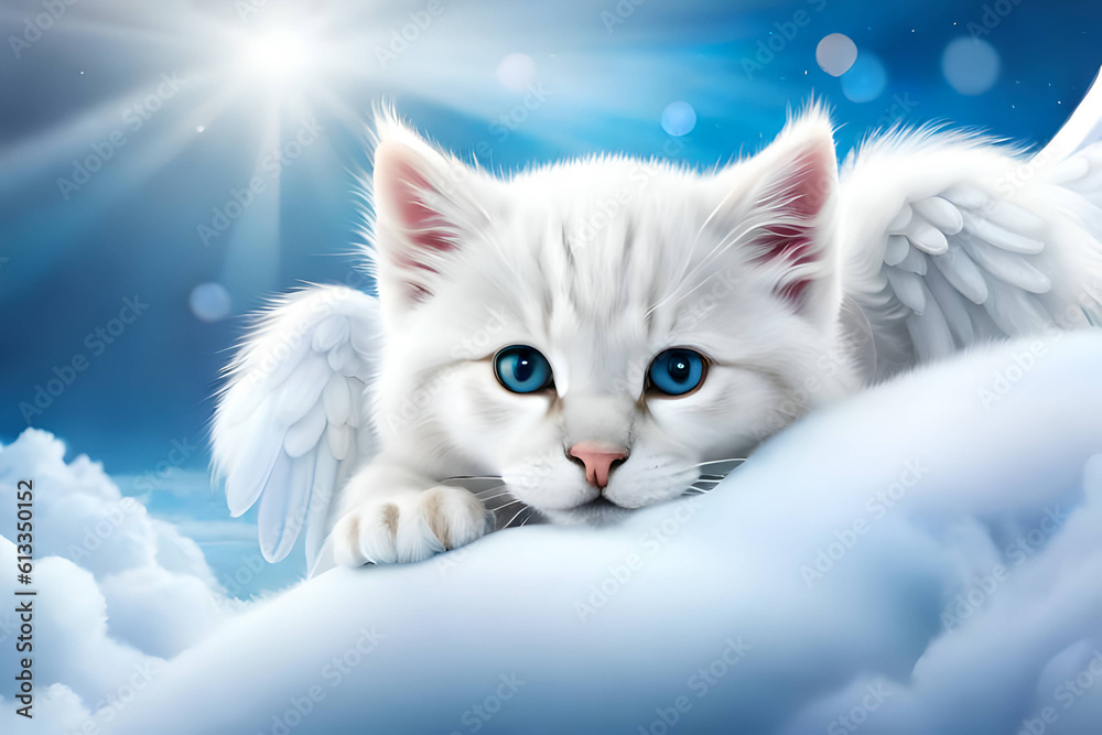 pure white fluffy baby kitten with angel wings - Generative AI