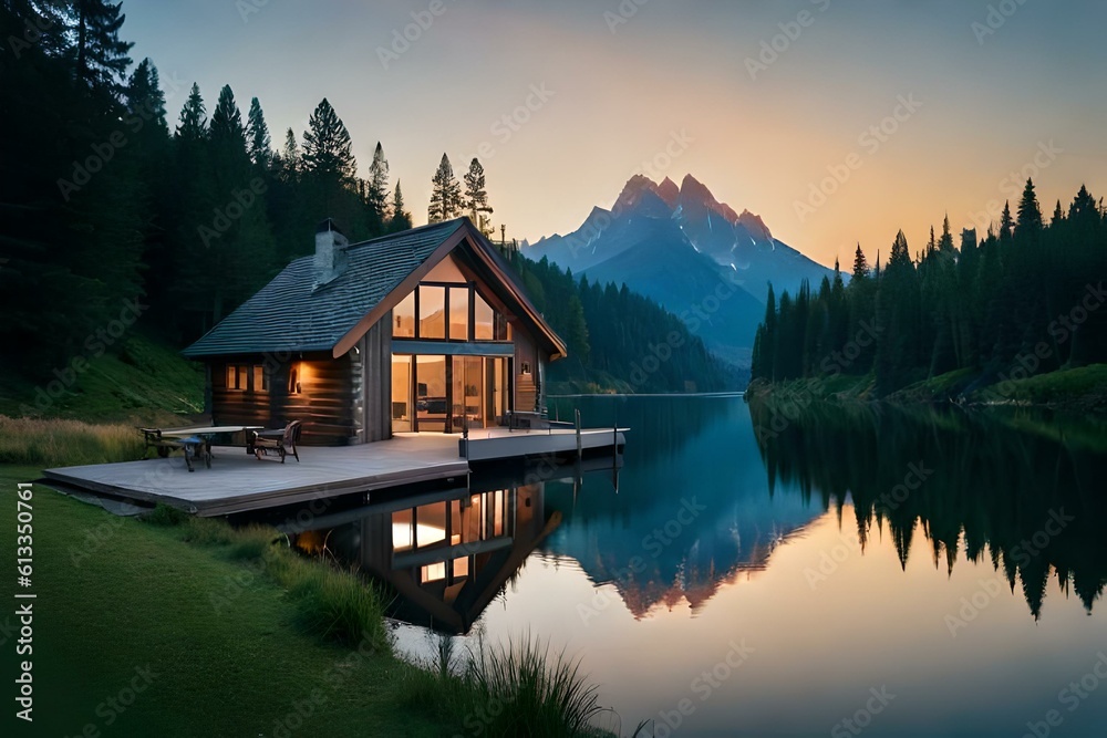 Fototapeta premium a charming cabin in the woods, surrounded by tall trees, offers a peaceful and secluded getaway from the bustling world