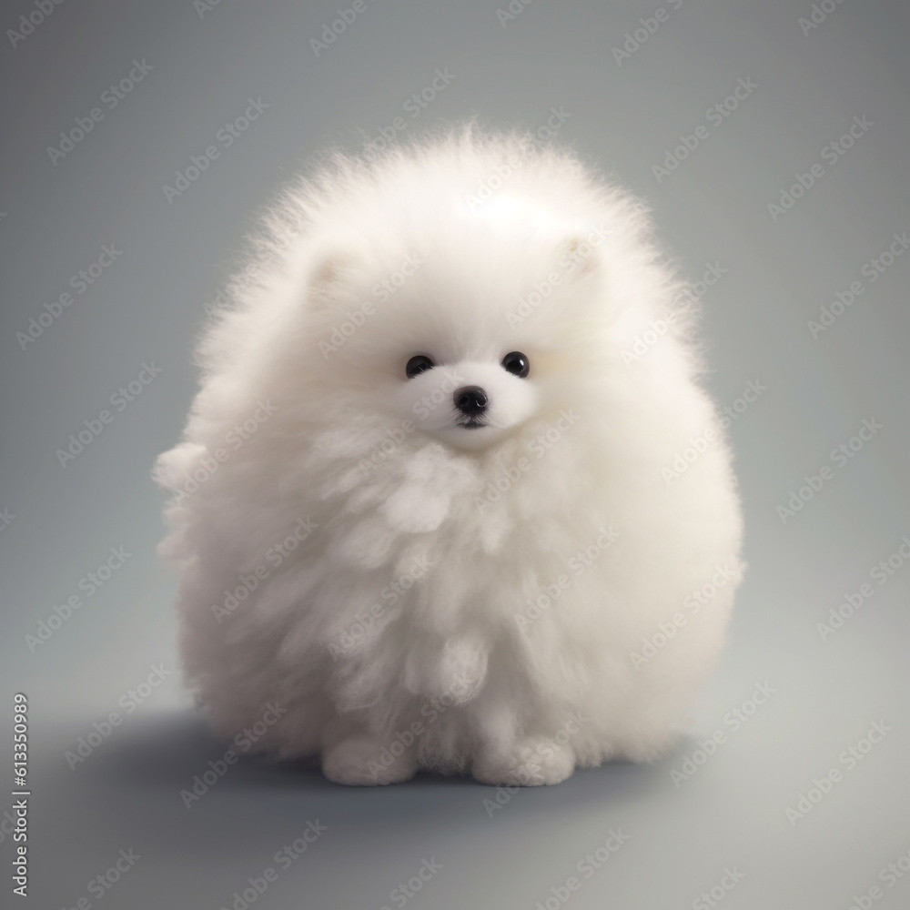White Pomeranian puppy on a gray background. 3d rendering. White Pomeranian dog on a gray background. 3d rendering. Children's toys concept. Cute white little dog on grey background, AI generated