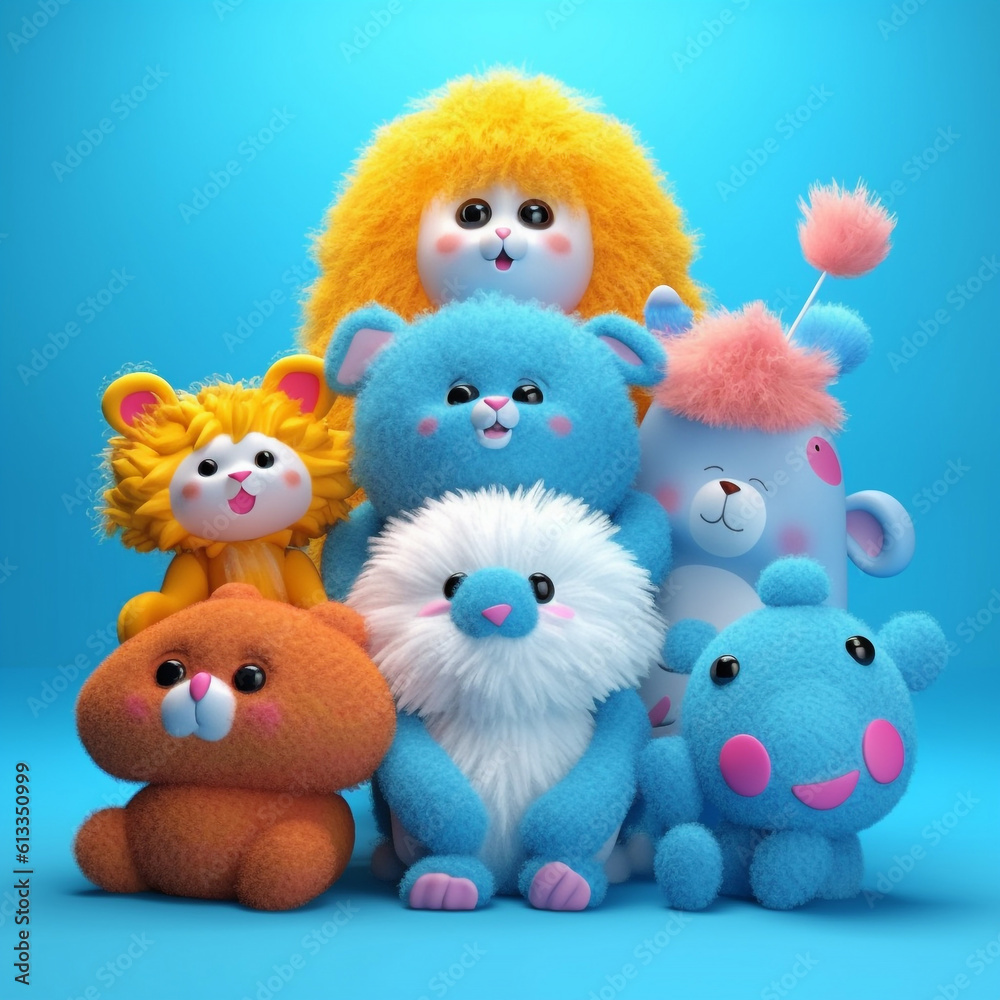 Fototapeta premium Cute fluffy toys on blue background with space for your text. Blue plush toys on blue background, 3d render. .Children's toys concept. Original Children's funny toys, 3d illustration. AI generated