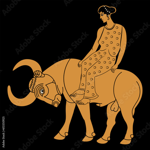 The Rape of Europa. Ancient Greek mythology. Pretty girl riding a bull. God Zeus. Vase painting style. 
