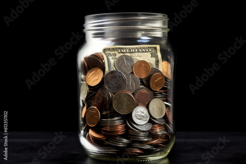 jar of money on black background many coins savings ai generative