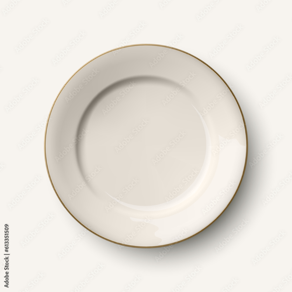 Vector 3d Realistic White with Golden Border Empty Porcelain, Ceramic Plate Icon Closeup Isolated. Design Template for Mockup. Stock Vector Illustration. Front, Top View Vector 3d Realistic White with Golden Border Empty Porcelain, Ceramic Plate Icon Closeup Isolated. Design Template for Mockup. Stock Vector Illustration. Front, Top View