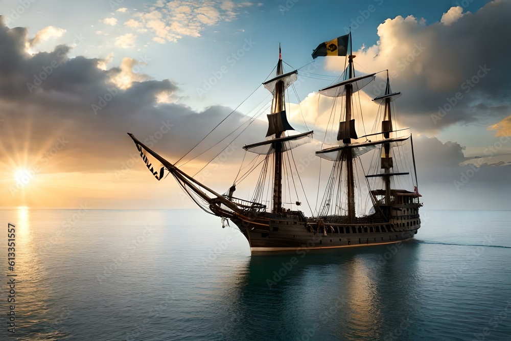 An old pirate ship floating in the open sea with sails of black cloth and a flag with three skulls