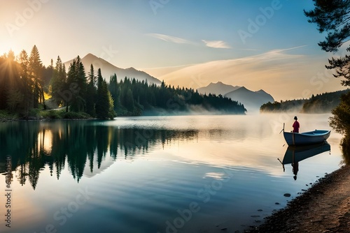 a view of a lake with a wooden boat floating in it under the sunlight