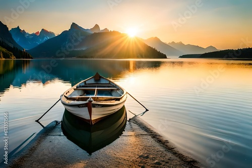 a view of a lake with a wooden boat floating in it under the sunlight - Generative AI Technology © Being Imaginative