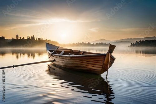 a view of a lake with a wooden boat floating in it under the sunlight