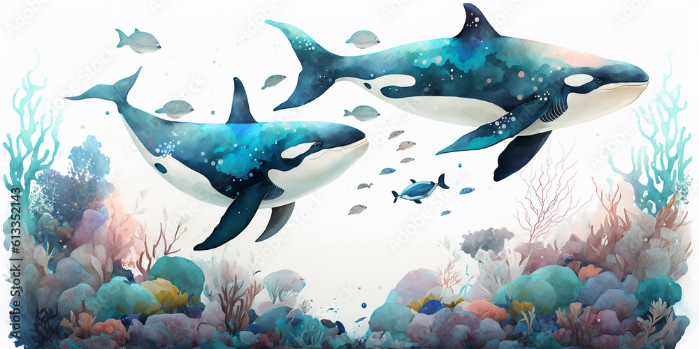 Orca whales swimming underwater with colorful coral reefs in watercolor ...