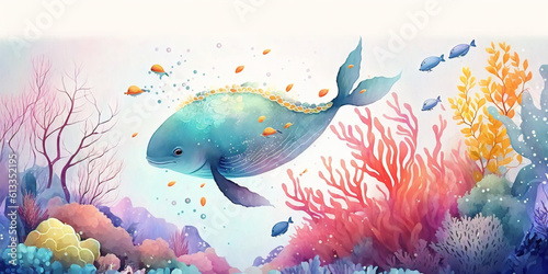 Blue whale swimming among vibrant coral reefs in watercolor style. Created with Generative AI technology