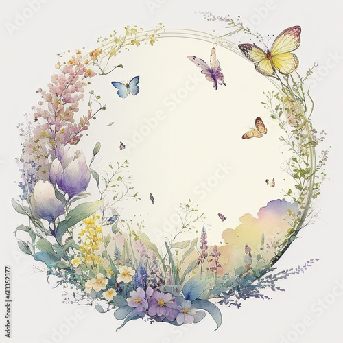 Watercolor flowers and butterflies frame on white background. Created with Generative AI technology