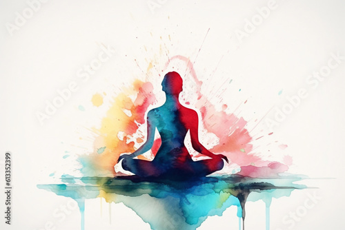 Silhouette of person in yoga lotus position in watercolor style. Created with Generative AI technology