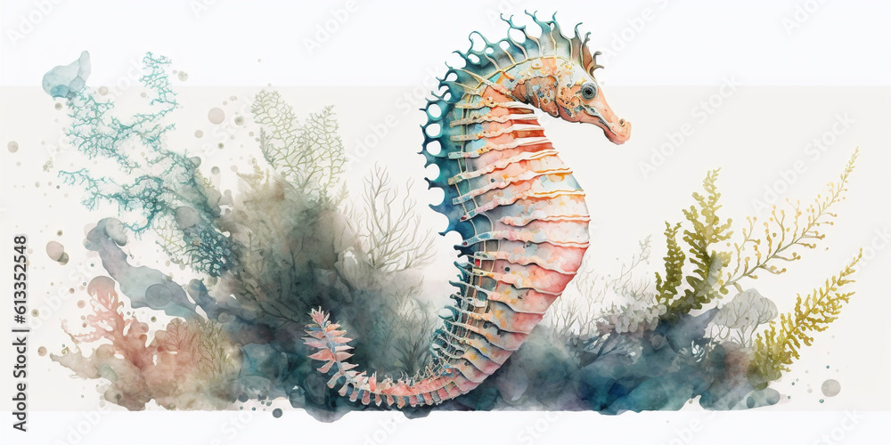 Watercolor painting of a seahorse under the sea. Created with Generative AI technology
