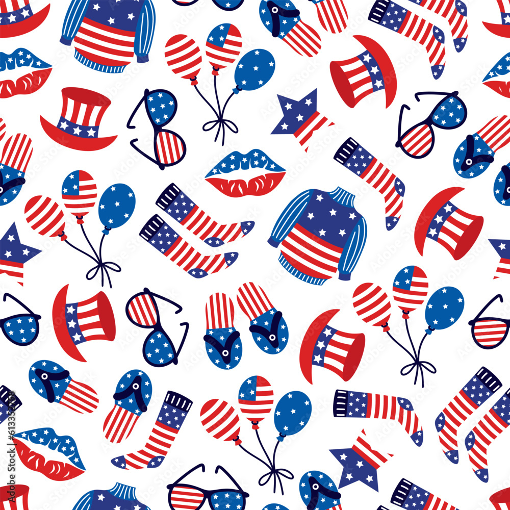 America Independence Day seamless vector pattern. Symbol of the national summer event - USA flag sweater, balloons, top hat, sunglasses, kiss. Patriotic holiday July 4th. Flat cartoon background America Independence Day seamless vector pattern. Symbol of the national summer event - USA flag sweater, balloons, top hat, sunglasses, kiss. Patriotic holiday July 4th. Flat cartoon background
