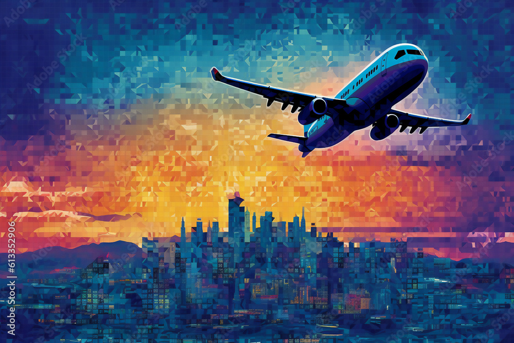 Generative AI - Pixelate buildings and world combined with airplane