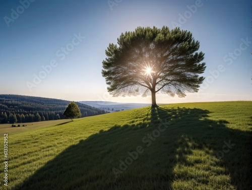 Tree with Sun Shining through the Branches on Grassy Hill with Forest in the Background Generative AI illustration