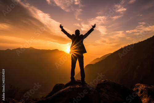 silhouette of a businessman on the mountain at sunset