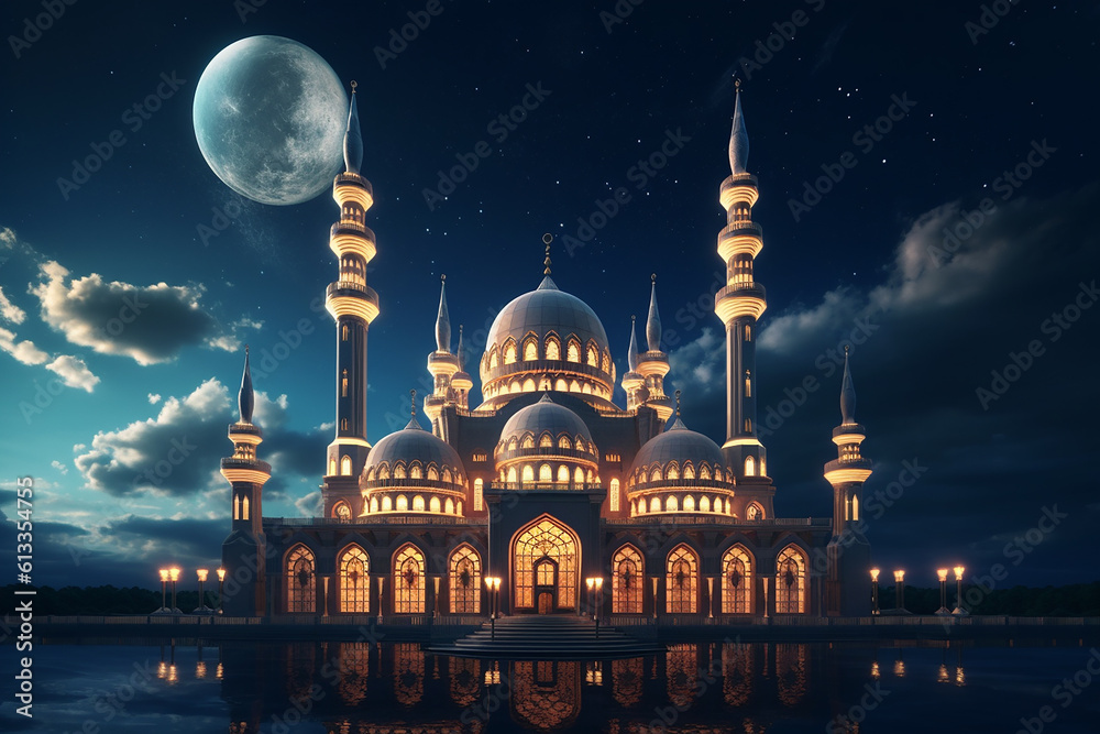 Beautiful Big Mosque Worship Place Islamic Muslim Religion with Full Moon and Clouds at Night