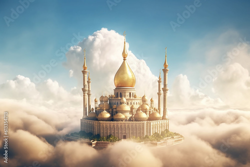 Beautiful Big Golden Mosque in the Sky Floating with Clouds on a Bright Day