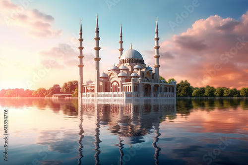 Beautiful Big Mosque Worship Place Islamic Muslim Religion with Pond Lake at Afternoon
