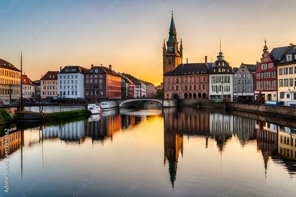 Copenhagen Cityscape at Sunset Across the Colorful Gammel Strand Waterfront