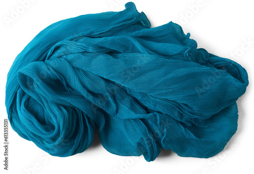 blue women's shawl or scarf isolated background, pattern of fabric soft and cozy, close-up taken straight from above