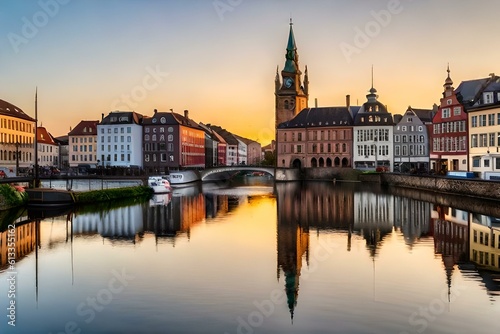 Copenhagen Cityscape at Sunset Across the Colorful Gammel Strand Waterfront