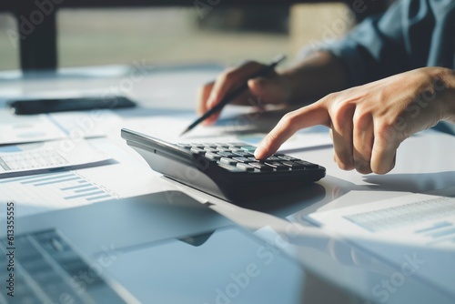 Accountant using calculator for calculate finance report in office. photo