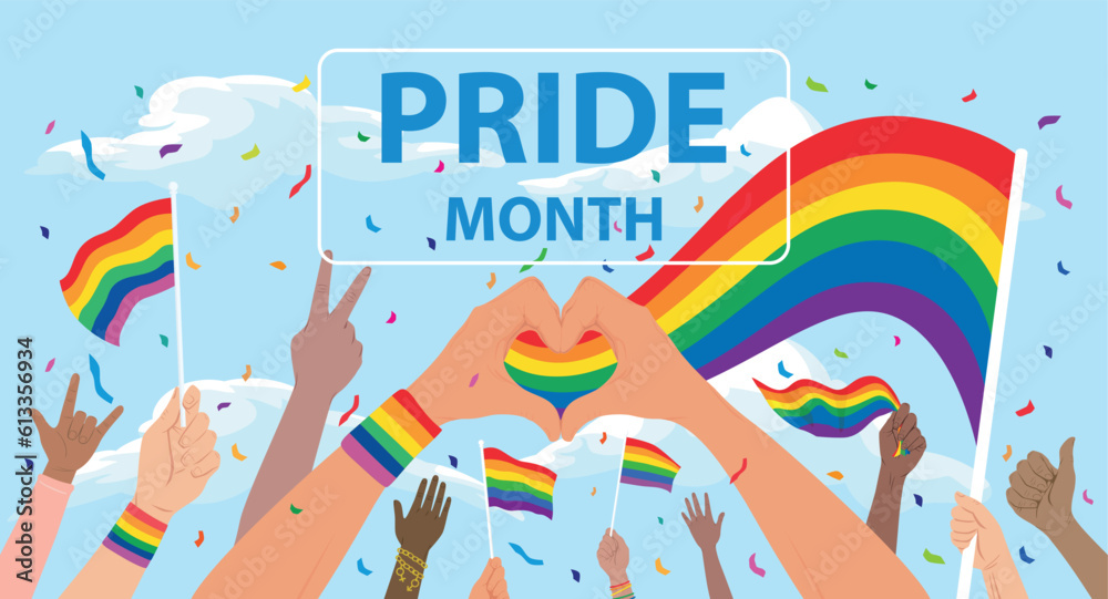 People hold hands up Celebrates LGBT pride month. Illustration, Poster, Vector , Background or wallpaper.   