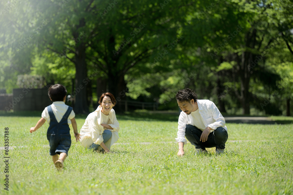 芝生の綺麗な公園で遊ぶ家族のポートレート　広角