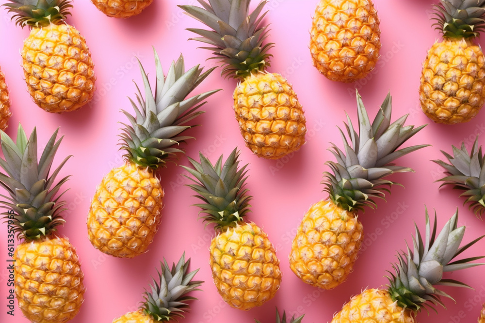 Bright pattern of many pineapples on a trendy soft pink background. Average ripe fruit, Ai generative Bright pattern of many pineapples on a trendy soft pink background. Average ripe fruit, Ai generative