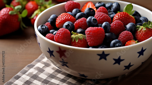 4th of July Themed Fruit Salad in Patriotic American Red  White  and Blue - Close Up - USA Flag Inspired Colors - Memorial Day  Veterans Day  Flag Day - Generative AI