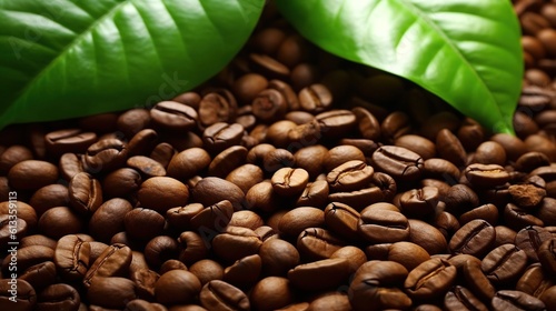 Coffee beans on coffee green leaves on wooden background fresh coffee beans on wooden background Generative AI