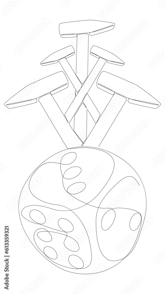One continuous line of Hammer and Dice. Thin Line Illustration vector concept. Contour Drawing Creative ideas. One continuous line of Hammer and Dice. Thin Line Illustration vector concept. Contour Drawing Creative ideas.