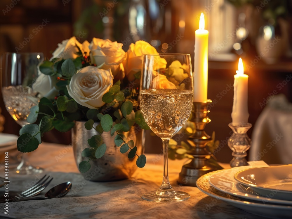 White floral table setting for a romantic dinner table with table cloth, candles and silverware. Generative AI