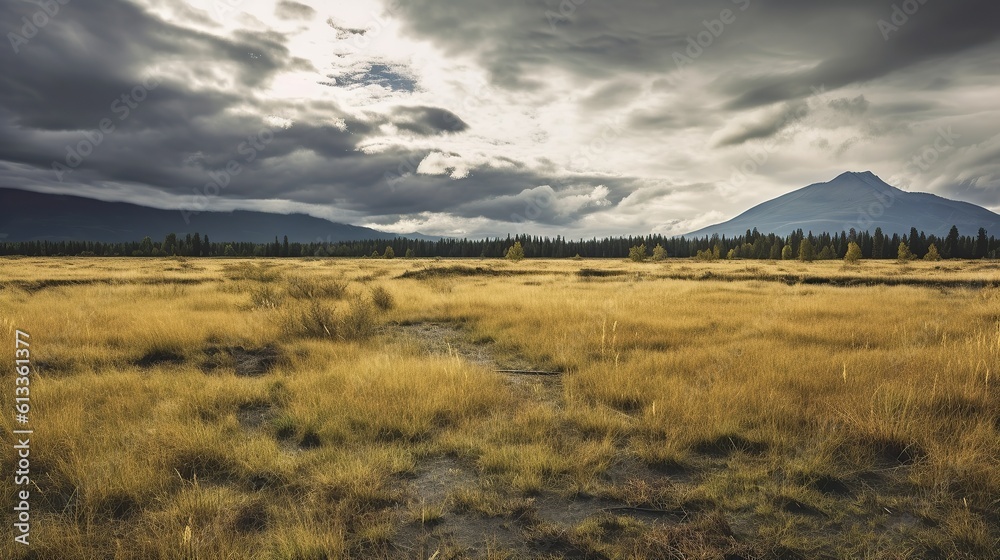 Beautiful shot of a whet field with a cloudy sky Generative AI