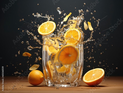 Glass of orange juice splash, sliced orange. Generative AI