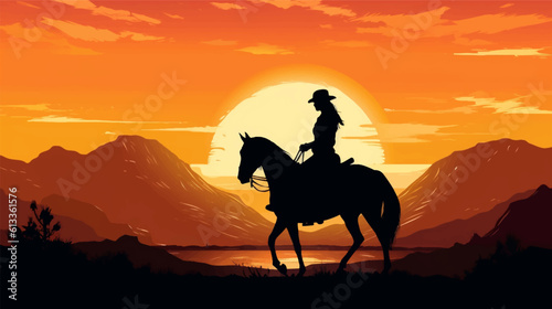 Vector illustration of woman jockey riding horse during sunrise. Male jockey riding horse during sunrise