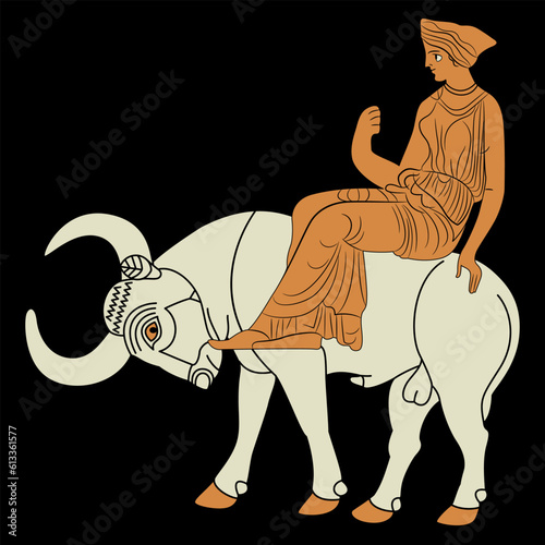The Rape of Europa. Ancient Greek mythology. God Zeus as a bull carrying a pretty girl. Vase painting style. 