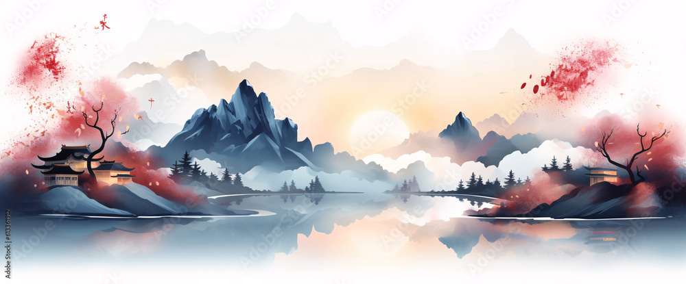 Chinese style landscape illustration, Chinese style freehand ink landscape painting