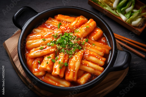 Top view Tteokbokki Korean food in plate on table, ai generate photo