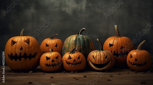 A group of scary pumpkins standing together, in the style of simplistic Generative AI