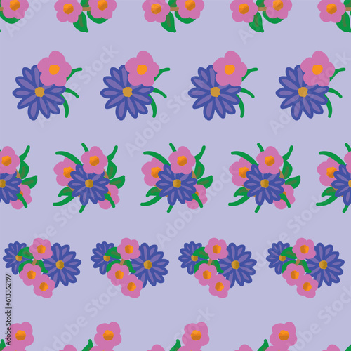 A Geometric Horizontal Striped Pattern is Created in this Seamless Repeat Pattern Design Using Bouquets of Blue Daisies and Pink Flowers Stretched across a Lavender Background.