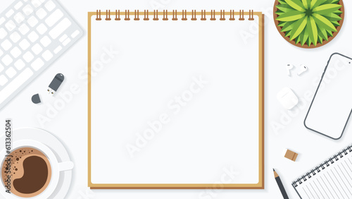 Cover and banner of working desk with gadget. Top view of table working and free space for text with computer, laptop, notebook, coffee cup, phone and paper.