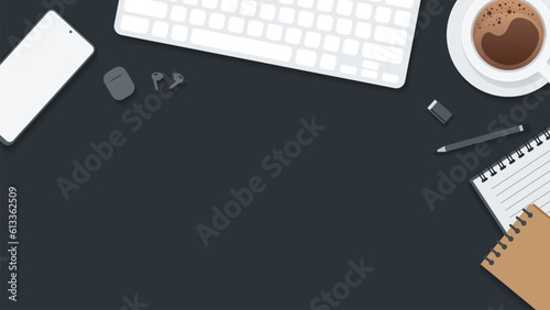 Cover and banner of working desk with gadget. Top view of table working and free space for text with computer, laptop, notebook, coffee cup, phone and paper.