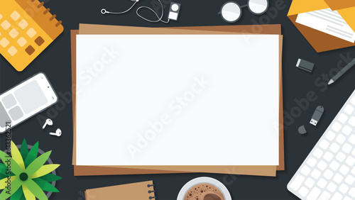 Cover and banner of working desk with gadget. Top view of table working and free space for text with computer, laptop, notebook, coffee cup, phone and paper.