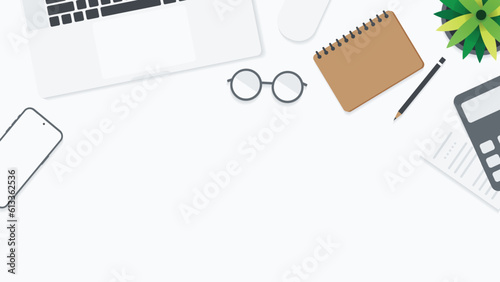 Cover and banner of working desk with gadget. Top view of table working and free space for text with computer, laptop, notebook, coffee cup, phone and paper.