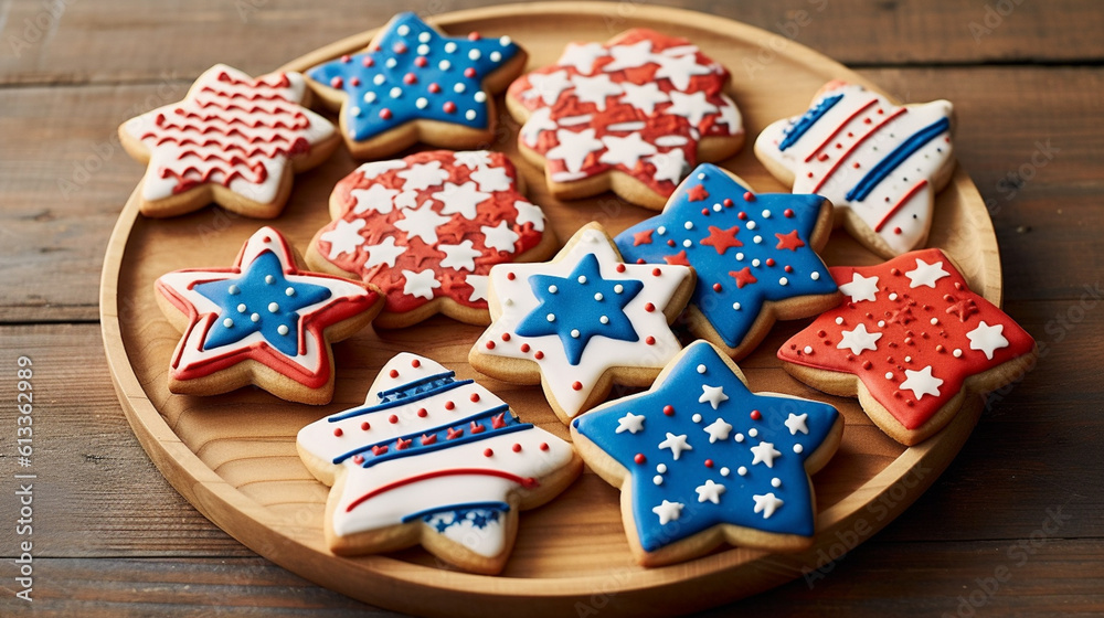 4th of July Themed Cookies in Patriotic American Red, White, and Blue - Close Up Stars and Stripes - USA Flag Inspired Colors - Memorial Day, Veterans Day, Flag Day - Generative AI
