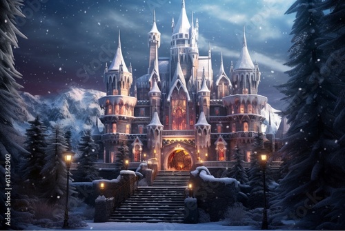 Winter Fantasy Castle Background, generative ai