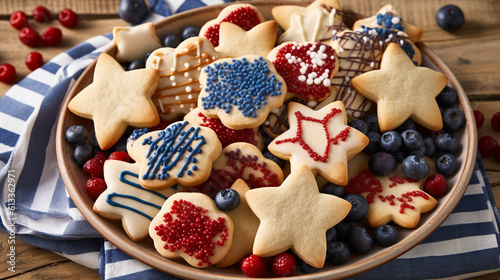 4th of July Themed Cookies in Patriotic American Red, White, and Blue - Close Up Stars and Stripes - USA Flag Inspired Colors - Memorial Day, Veterans Day, Flag Day - Generative AI