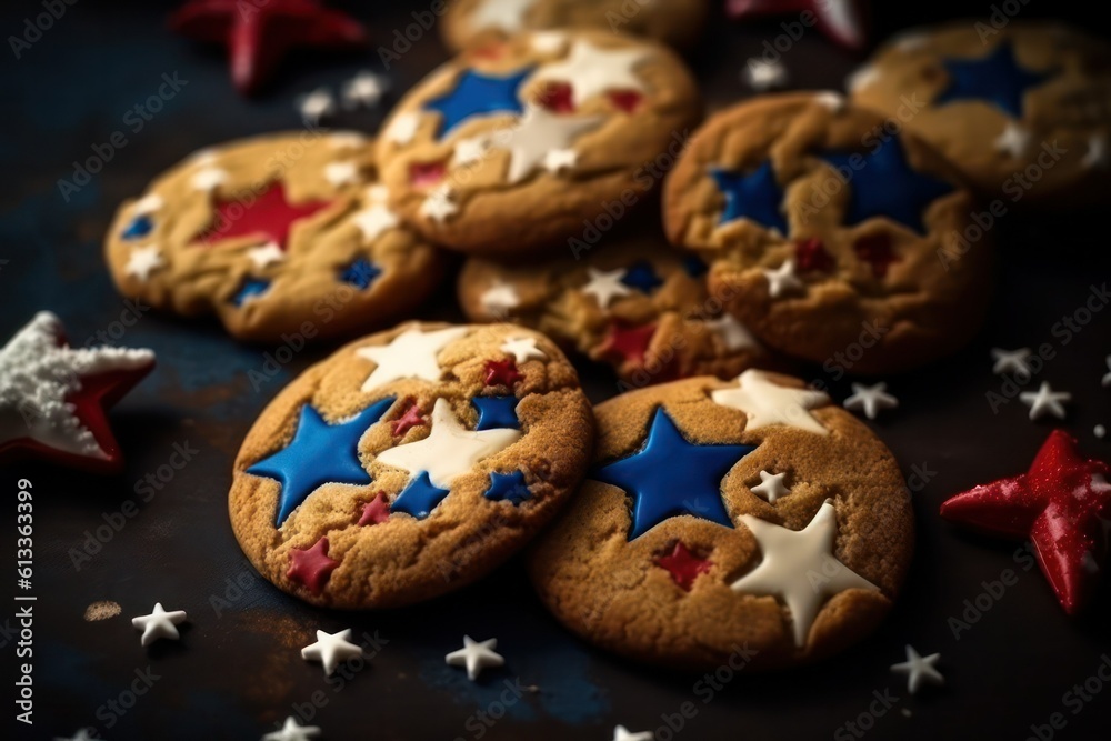 Happy USA Flag Day Homemade cookies with a pattern lies on a wooden table against the background of the American flag. 